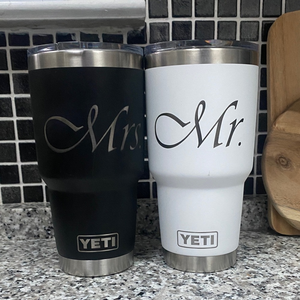Like New! Yeti Black and White Mr. & Mrs. Tumblers
